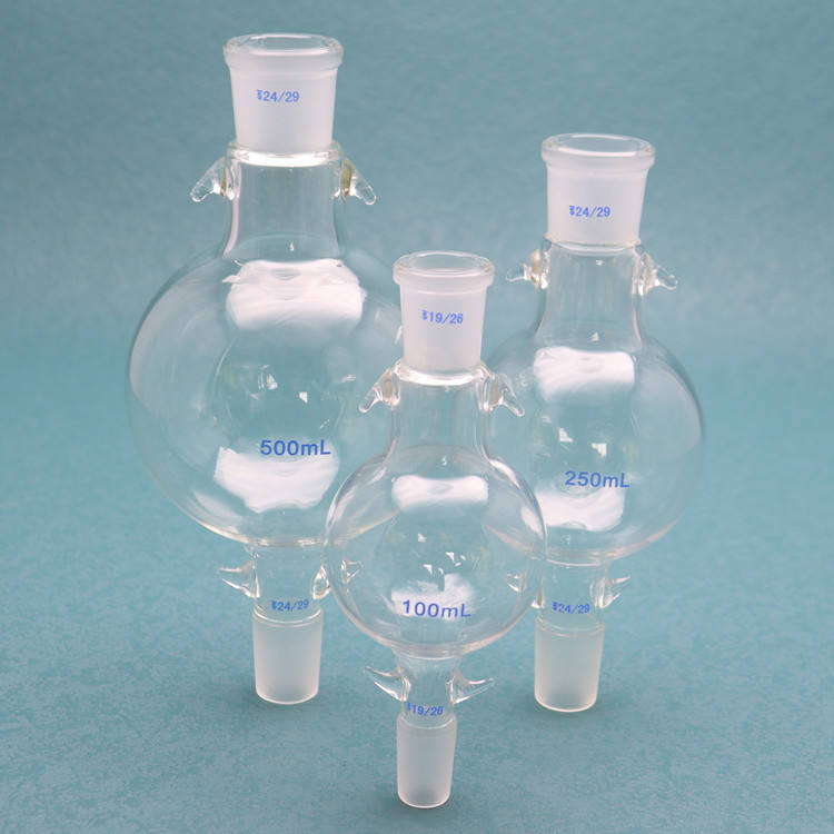 Two-neck round-bottom glass reagent/reaction bottle