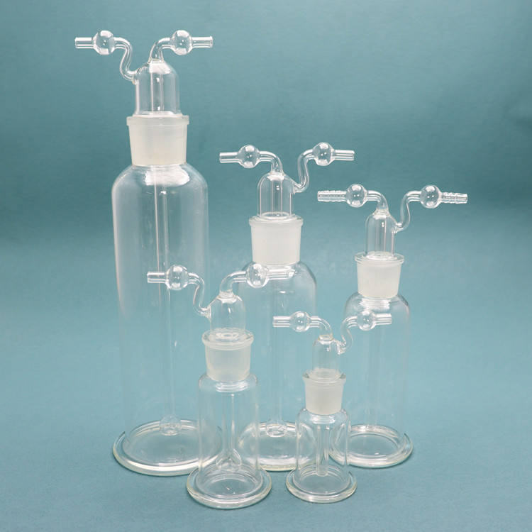 Glass gas wash bottle with stopper and inlet/outlet tubes