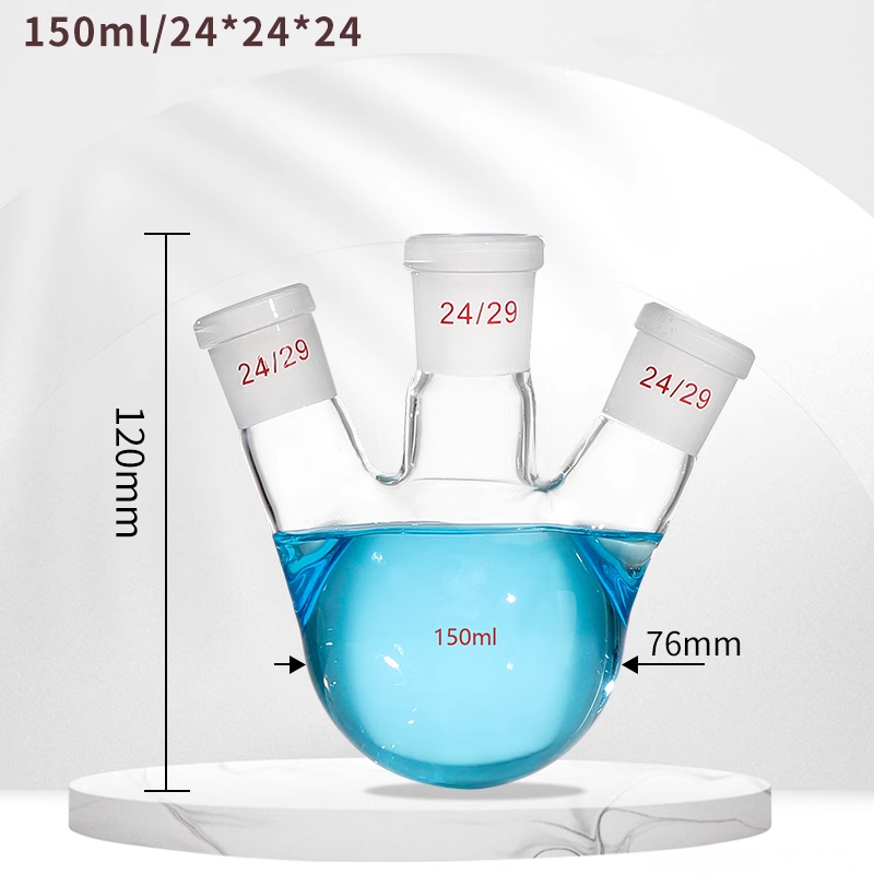 Three-neck spherical boiling/distillation flask with angled oblique standard side joints