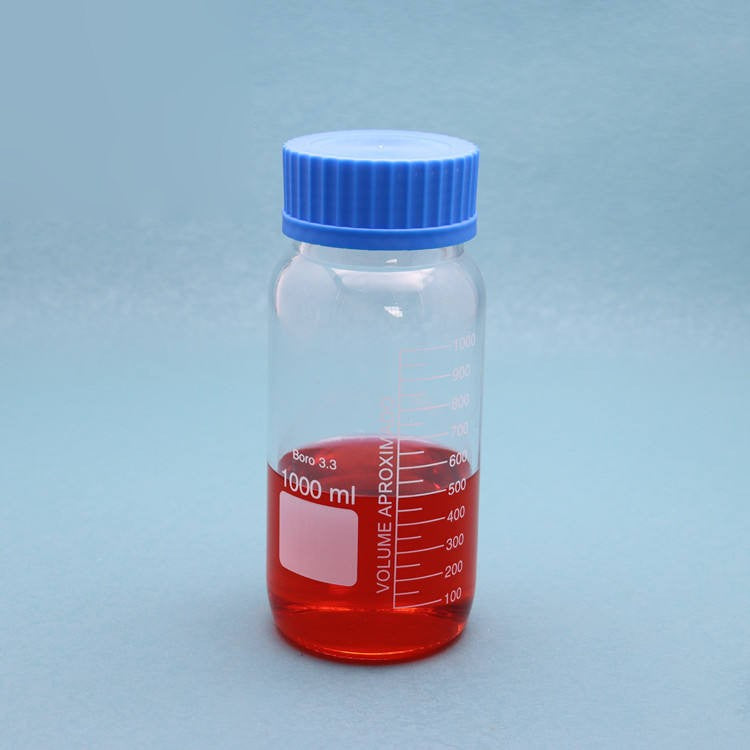 Glass reagent/media storage bottle with blue screw cap