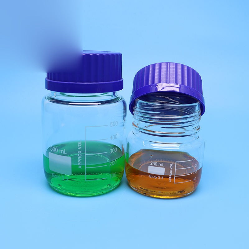 Wide-mouth borosilicate glass reagent bottle with blue screw cap