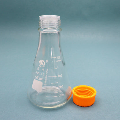 Glass conical flask with orange screw caps for tissue culture