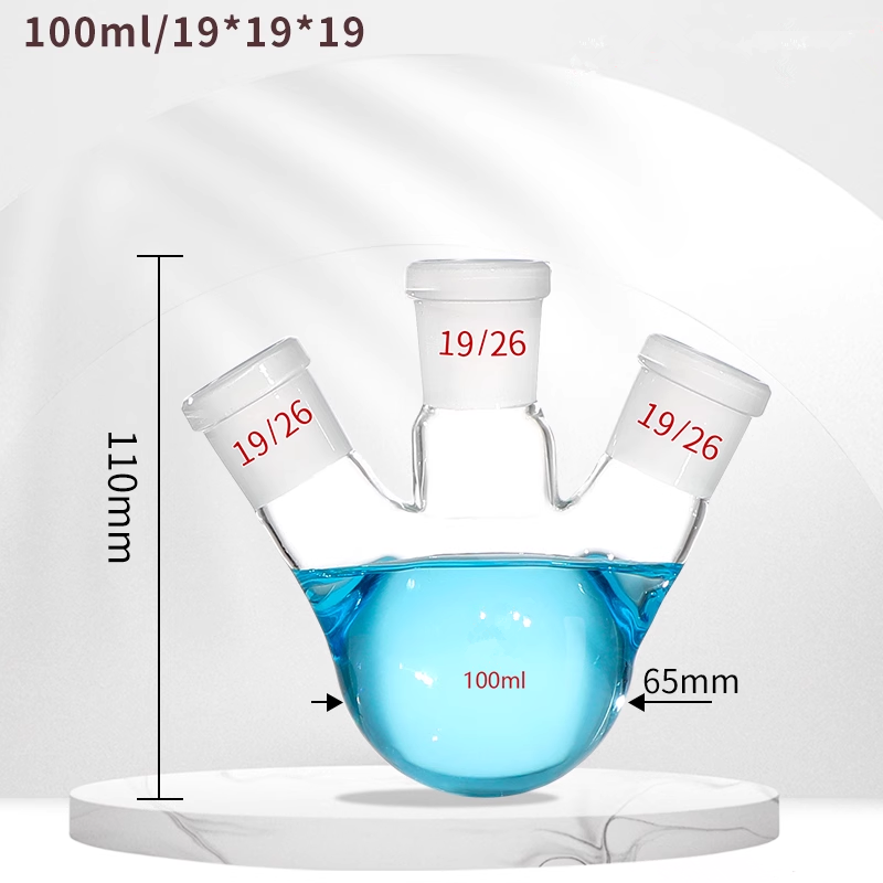 Three-neck spherical boiling/distillation flask with angled oblique standard side joints