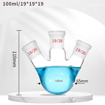Three-neck spherical boiling/distillation flask with angled oblique standard side joints