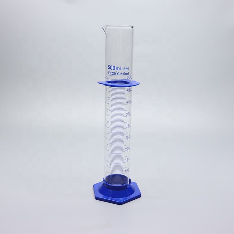 Thick-walled Boro 3.3 glass graduated measuring cylinder with plastic hexagonal base