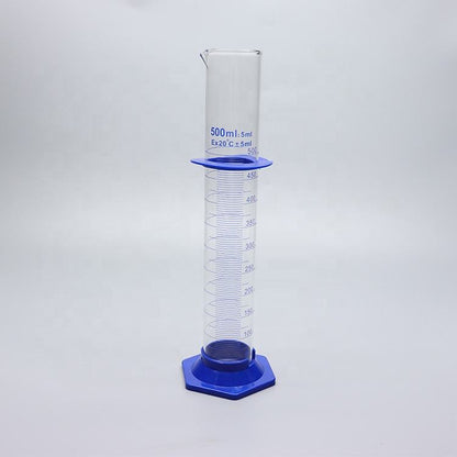 Thick-walled Boro 3.3 glass graduated measuring cylinder with plastic hexagonal base