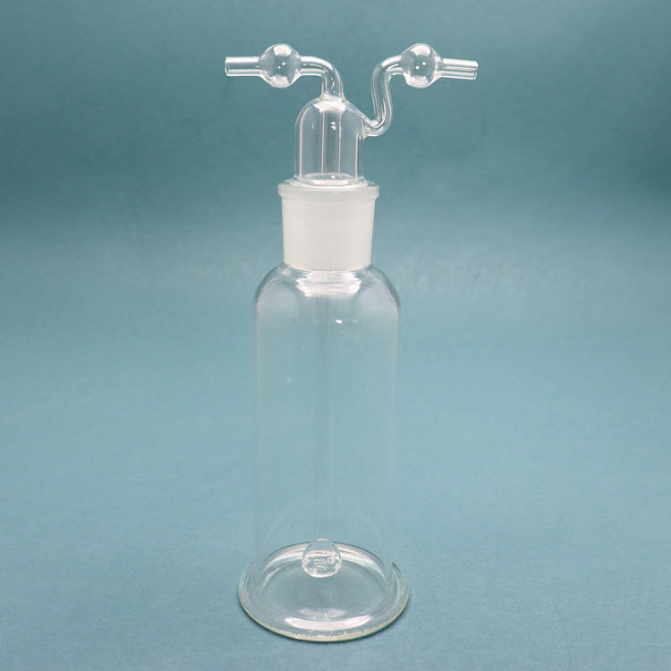 Glass gas wash bottle with stopper and inlet/outlet tubes