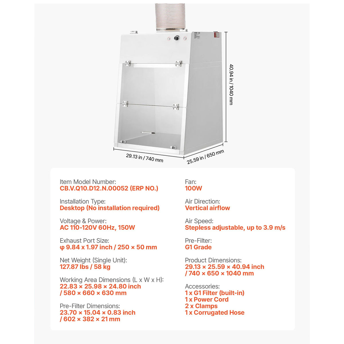 Ducted Fume Hood with LED Light and G1 Pre-Filter, Exhaust Equipment for Lab