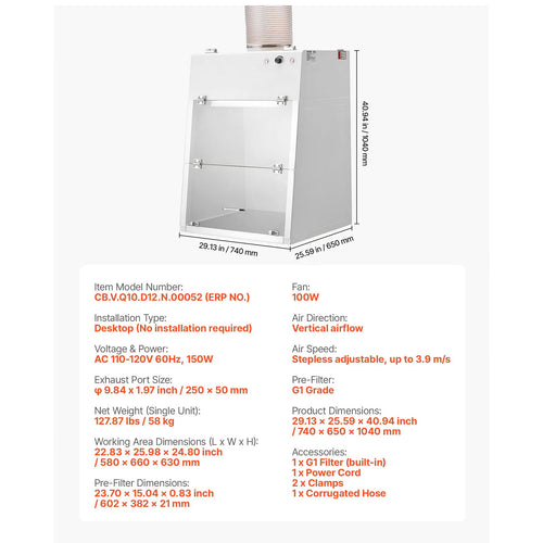 Ducted Fume Hood with LED Light and G1 Pre-Filter, Exhaust Equipment for Lab