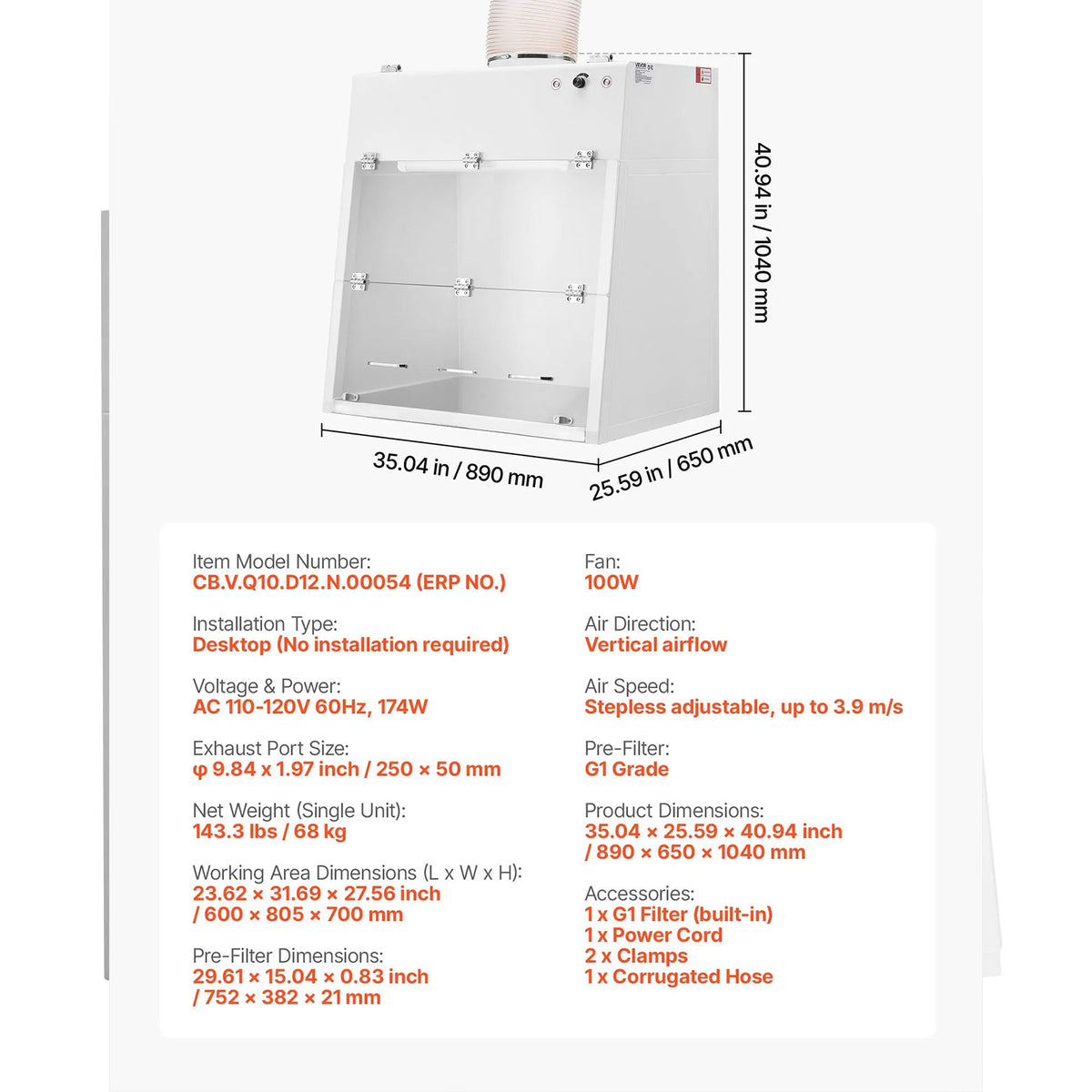 Ducted Fume Hood with LED Light and G1 Pre-Filter, Exhaust Equipment for Lab