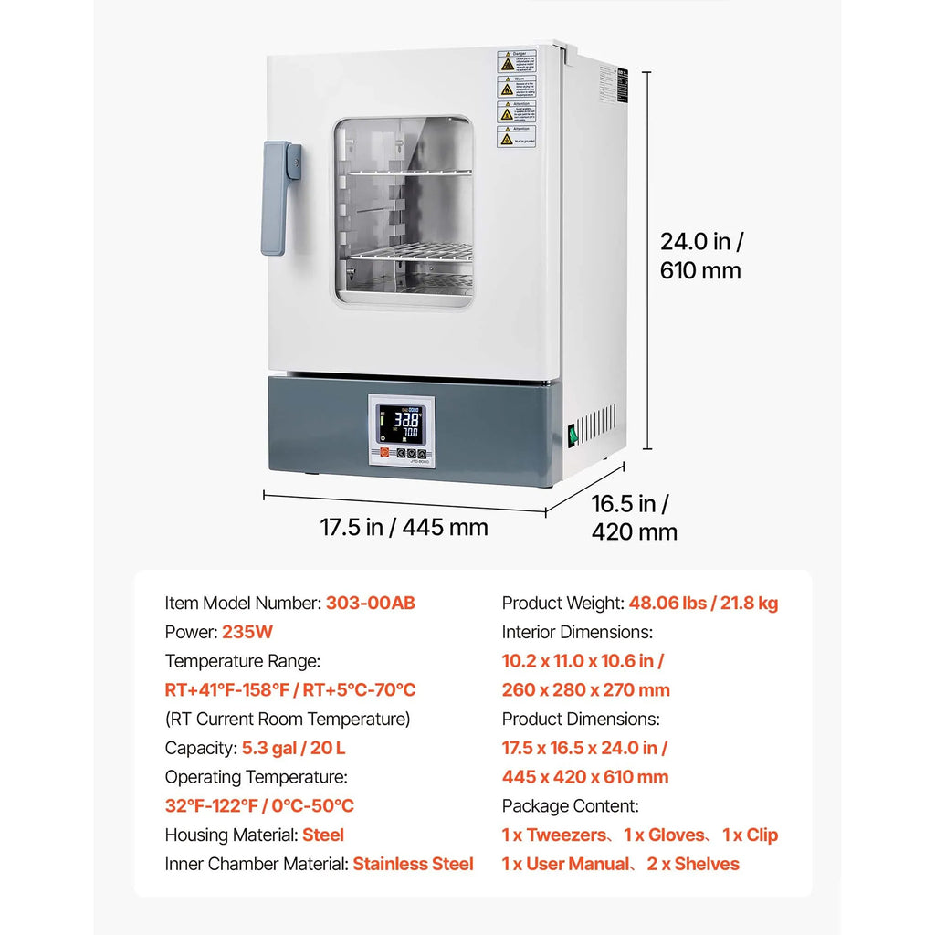 5.3 Gal / 20 L Microbiological Lab Incubator, for Petri Dishes, Constant Temp.