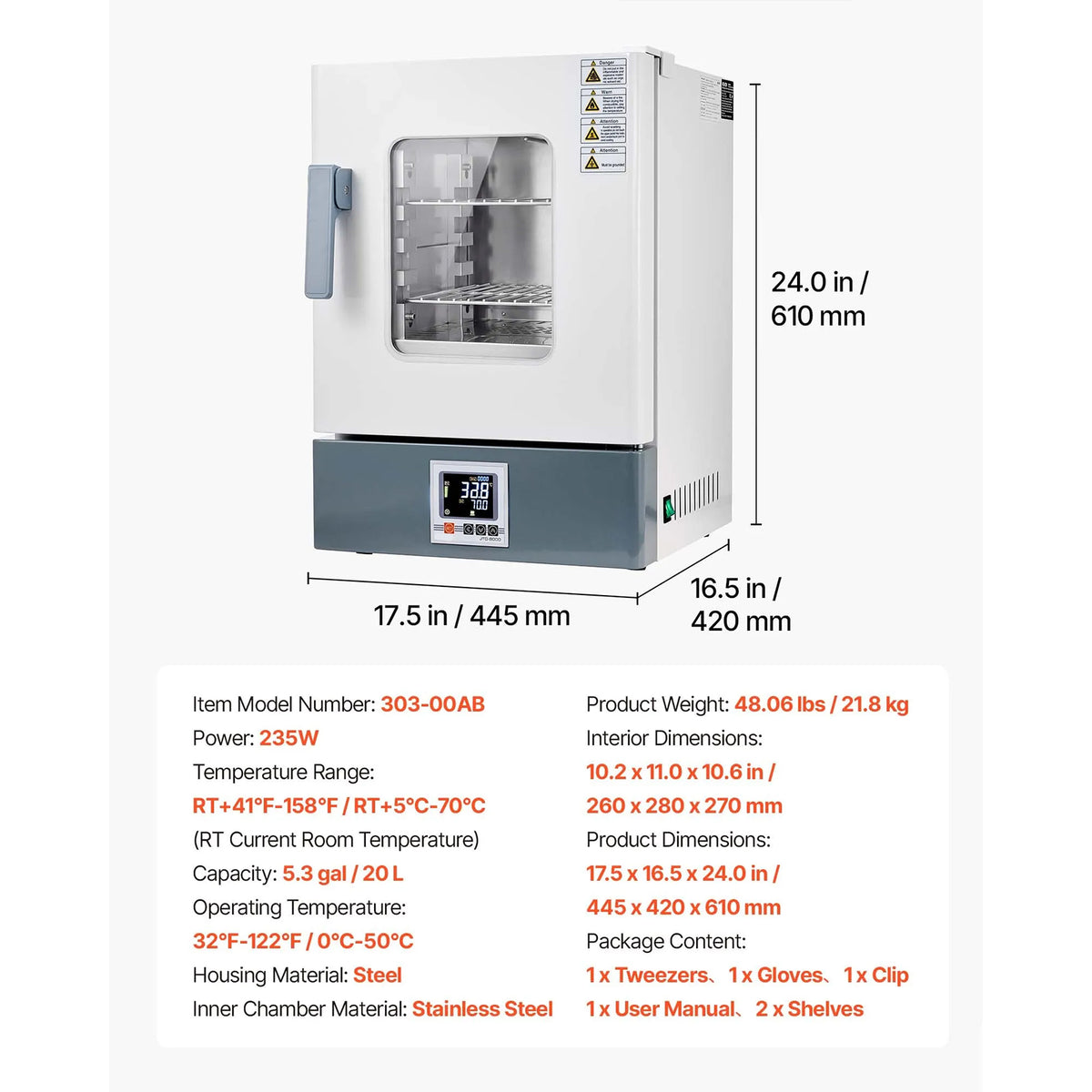 5.3 Gal / 20 L Microbiological Lab Incubator, for Petri Dishes, Constant Temp.