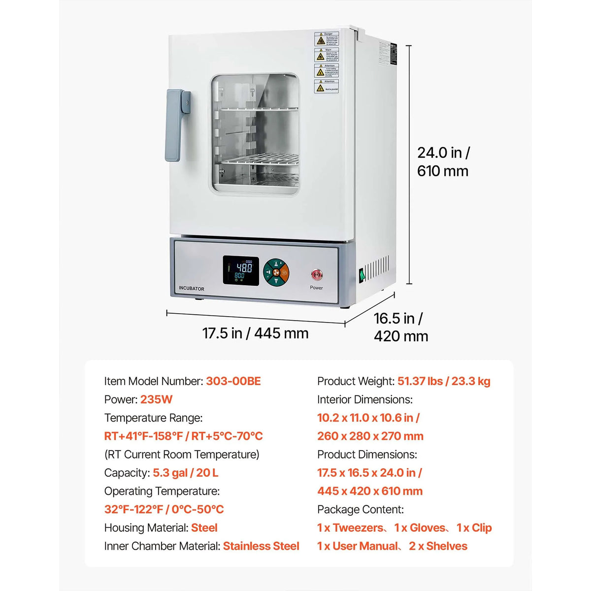 Lab Incubator 5.3 Gal / 20 L with Adjustable Air Circulation, For Petri Dishes