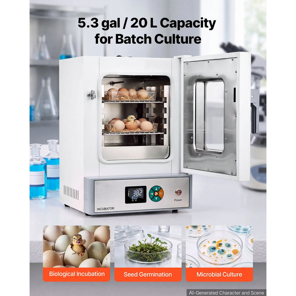 Lab Incubator 5.3 Gal / 20 L with Adjustable Air Circulation, For Petri Dishes