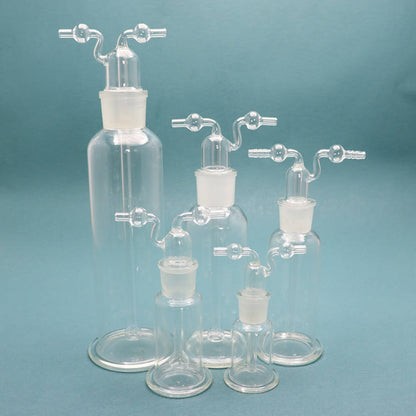 Glass gas wash bottle with stopper and inlet/outlet tubes