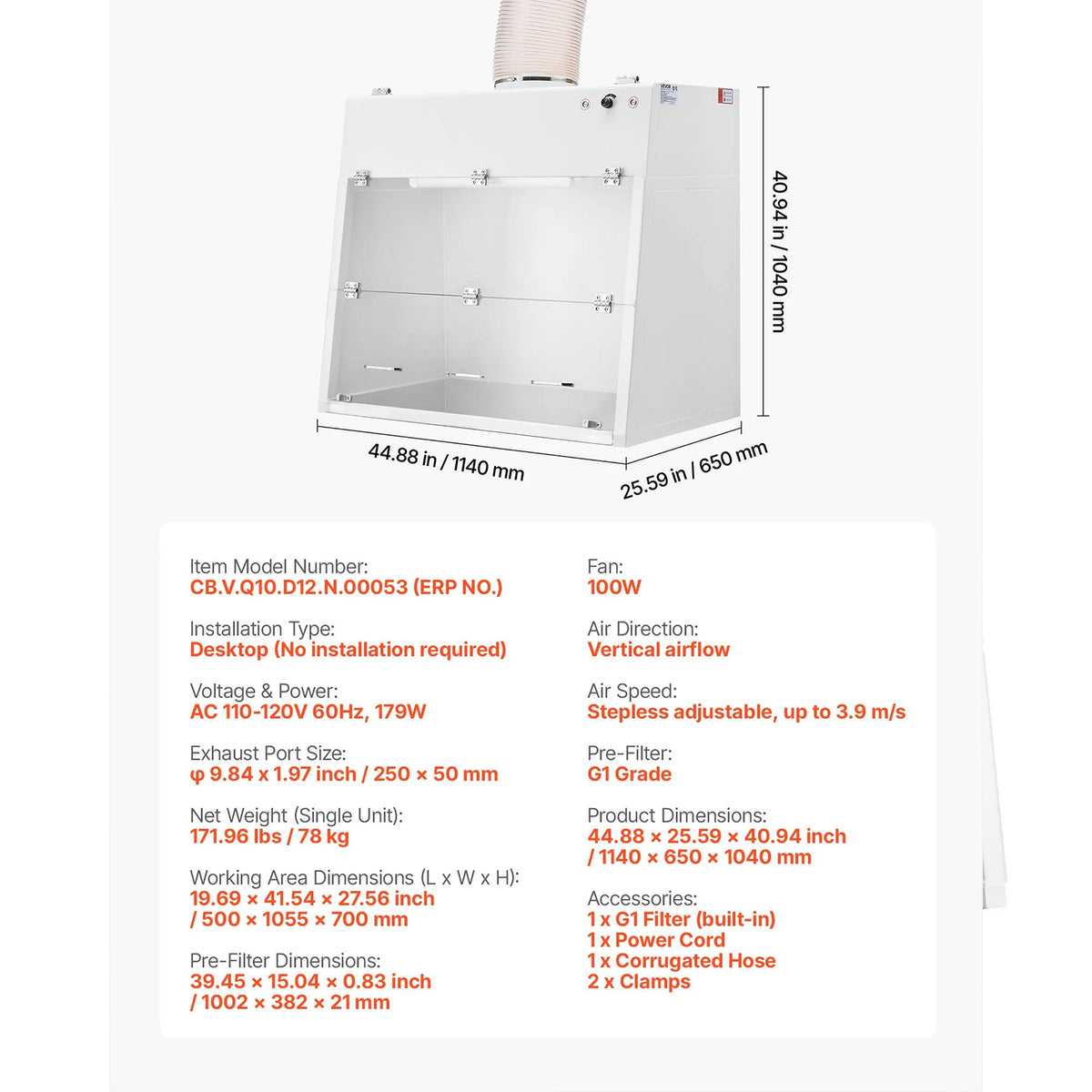 Ducted Fume Hood with LED Light and G1 Pre-Filter, Exhaust Equipment for Lab