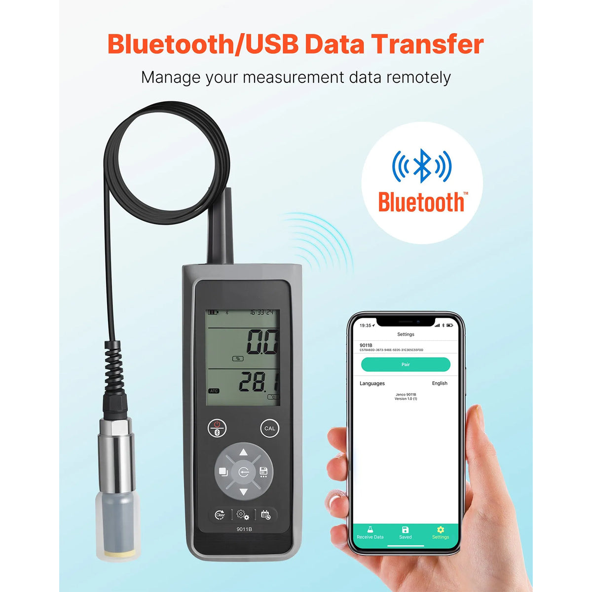 Dissolved Oxygen Meter, 0.0-50.0 mg/L Measurement Range, with 13.1 ft Cable