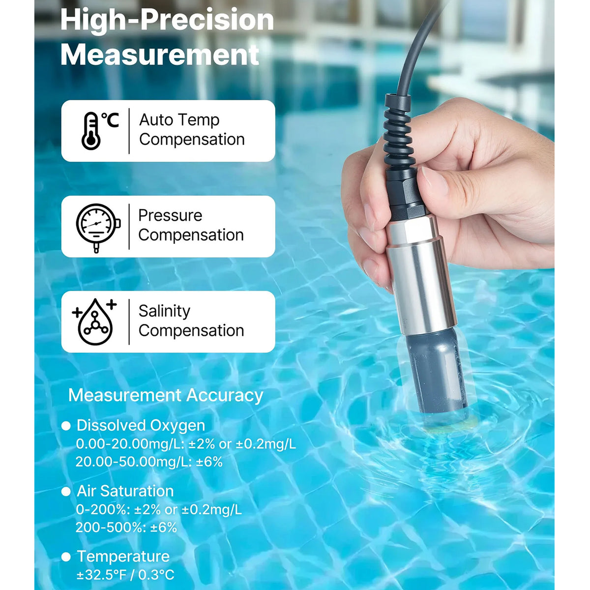 Dissolved Oxygen Meter, 0.0-50.0 mg/L Measurement Range, with 13.1 ft Cable