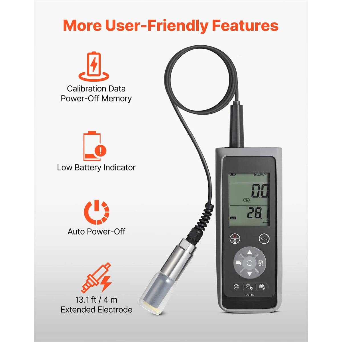 Dissolved Oxygen Meter, 0.0-50.0 mg/L Measurement Range, with 13.1 ft Cable