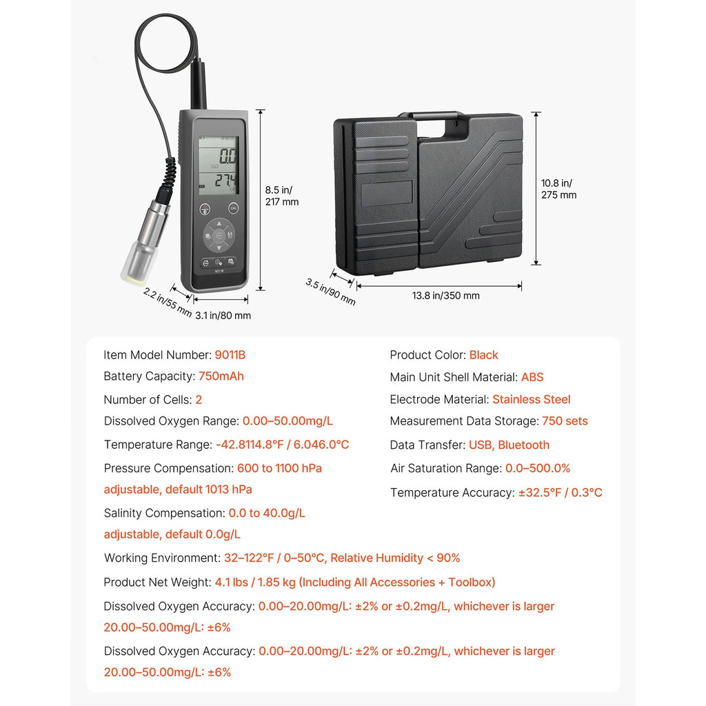 Dissolved Oxygen Meter, 0.0-50.0 mg/L Measurement Range, with 13.1 ft Cable
