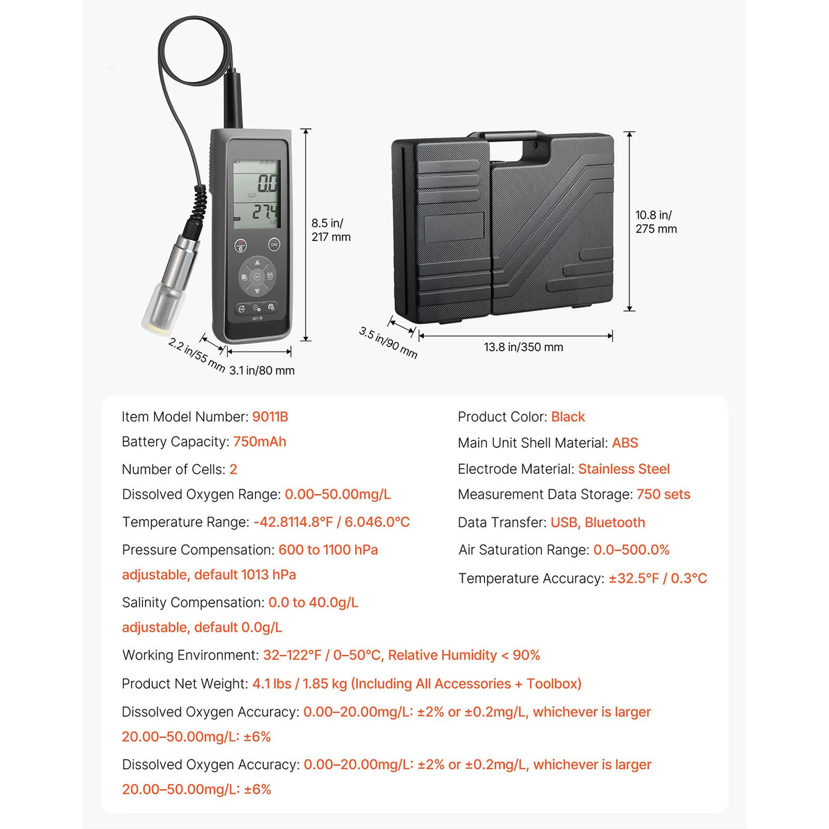 Dissolved Oxygen Meter, 0.0-50.0 mg/L Measurement Range, with 13.1 ft Cable