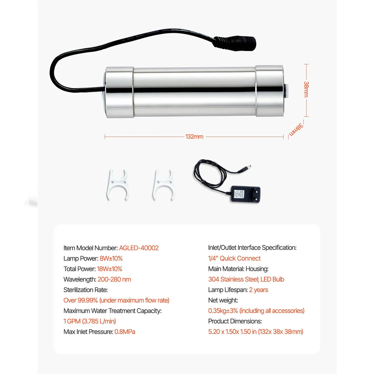 Water Purifier, 8W 1GPM, 110V Versatile Whole House UV Water Filter