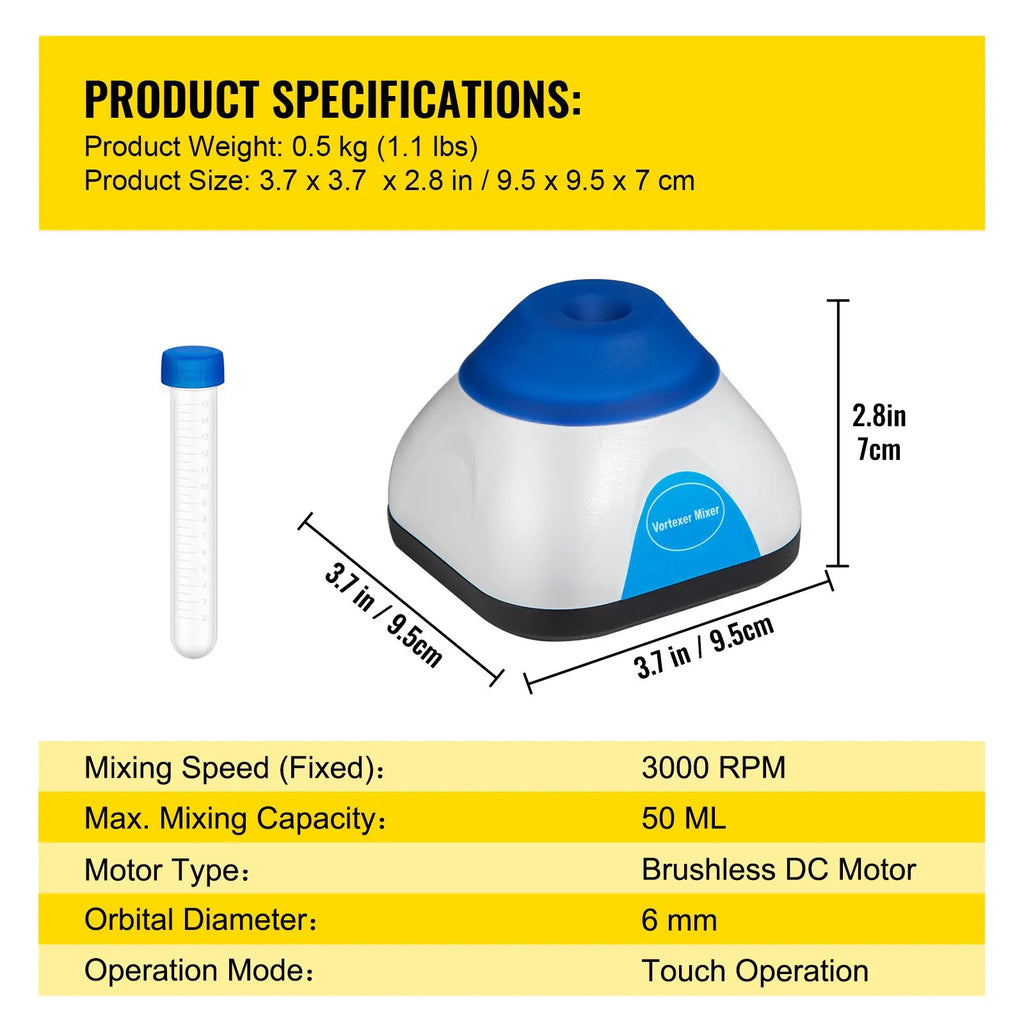 Lab 3000RPM Mini Vortex Mixer Shaker, Touch Function, Mix Up to 50ML