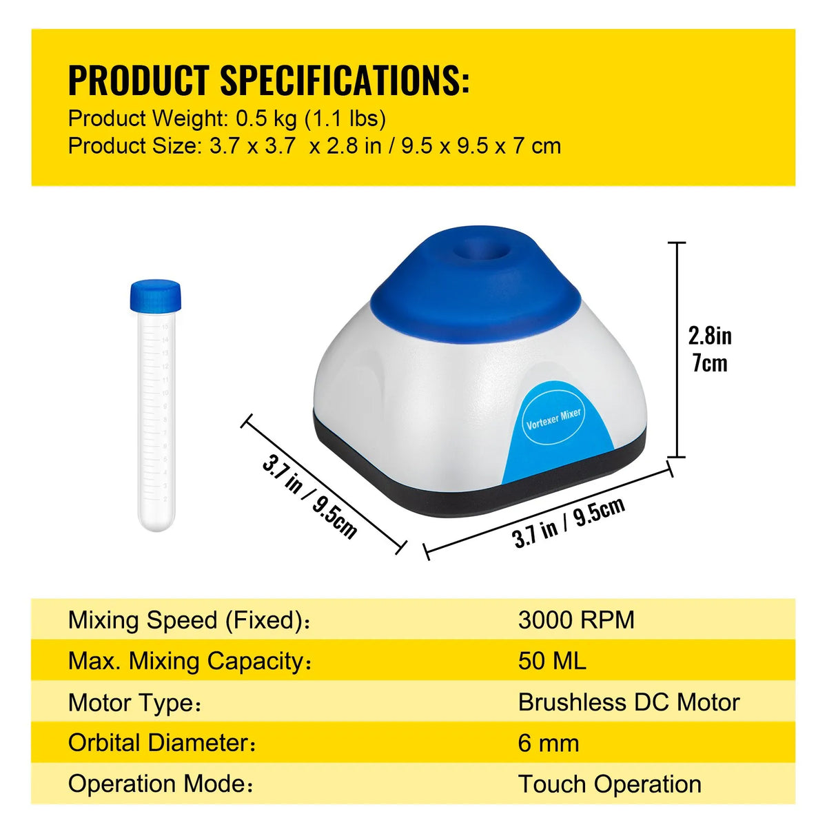 Lab 3000RPM Mini Vortex Mixer Shaker, Touch Function, Mix Up to 50ML