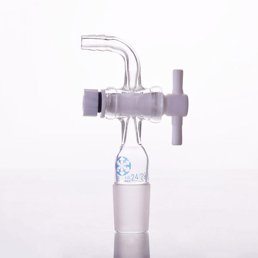 Connecting adapter with curved hose connector and PTFE stopcock