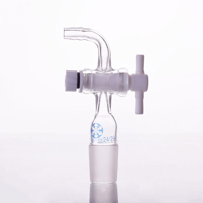 Connecting adapter with curved hose connector and PTFE stopcock