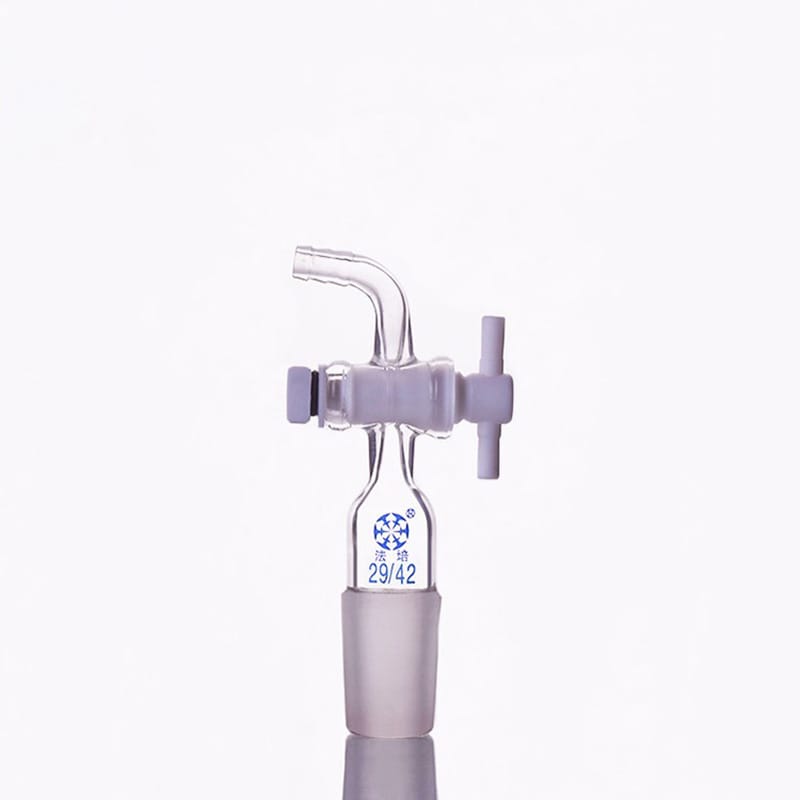 Connecting adapter with curved hose connector and PTFE stopcock