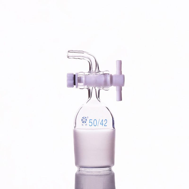 Connecting adapter with curved hose connector and PTFE stopcock