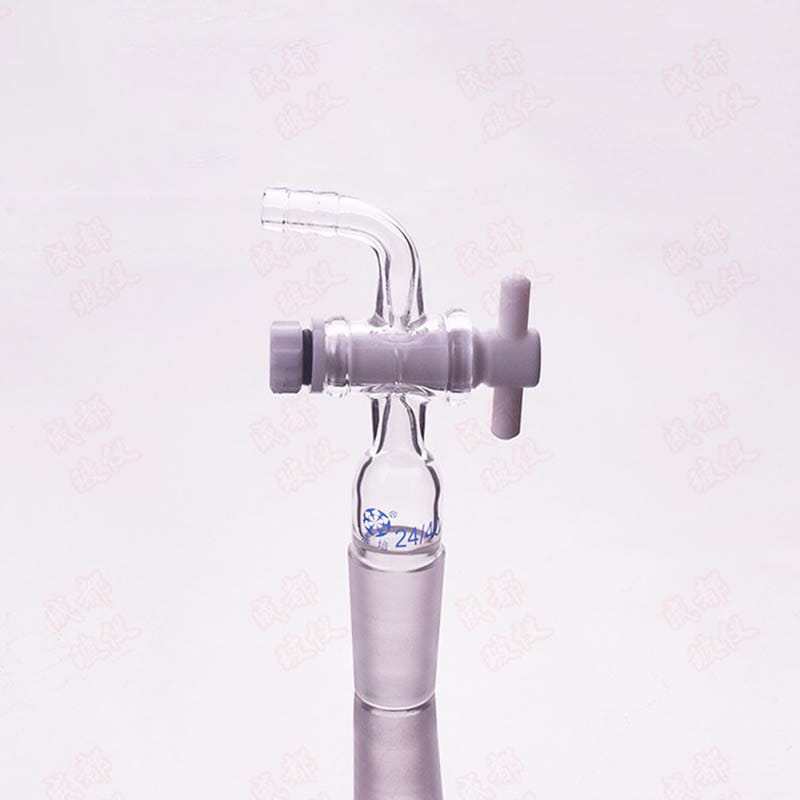 Connecting adapter with curved hose connector and PTFE stopcock
