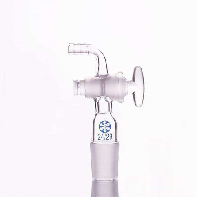 Connecting adapter with curved hose connector and glass stopcock