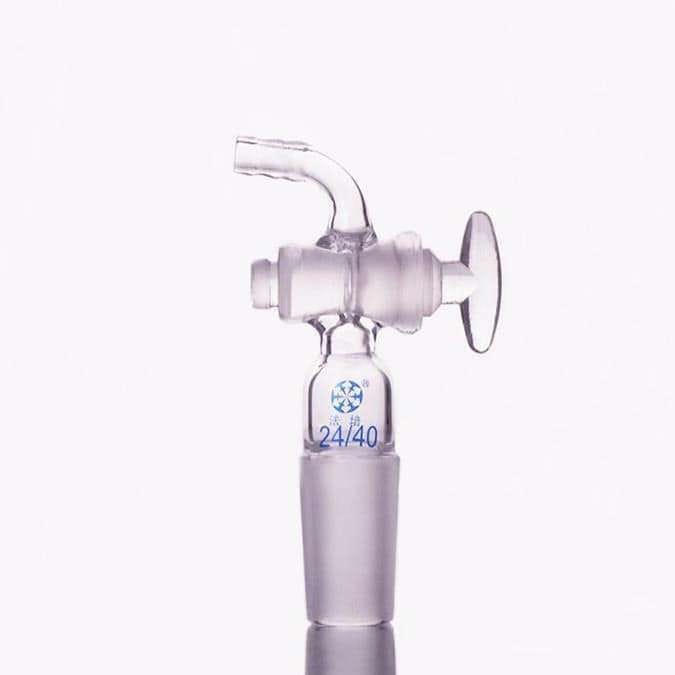 Connecting adapter with curved hose connector and glass stopcock
