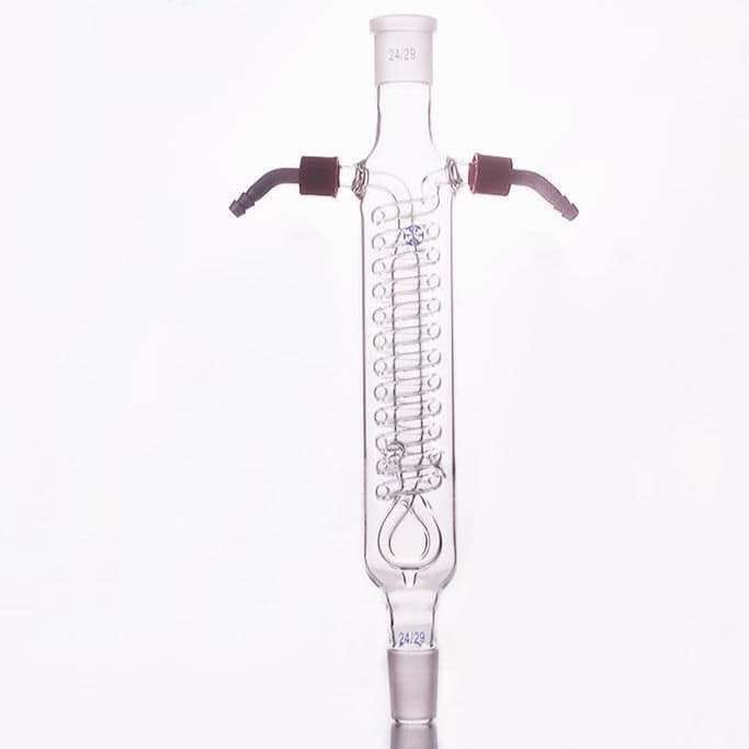 Dimroth condenser with joint and unscrewable plastic connectors, length 200 mm to 500 mm.