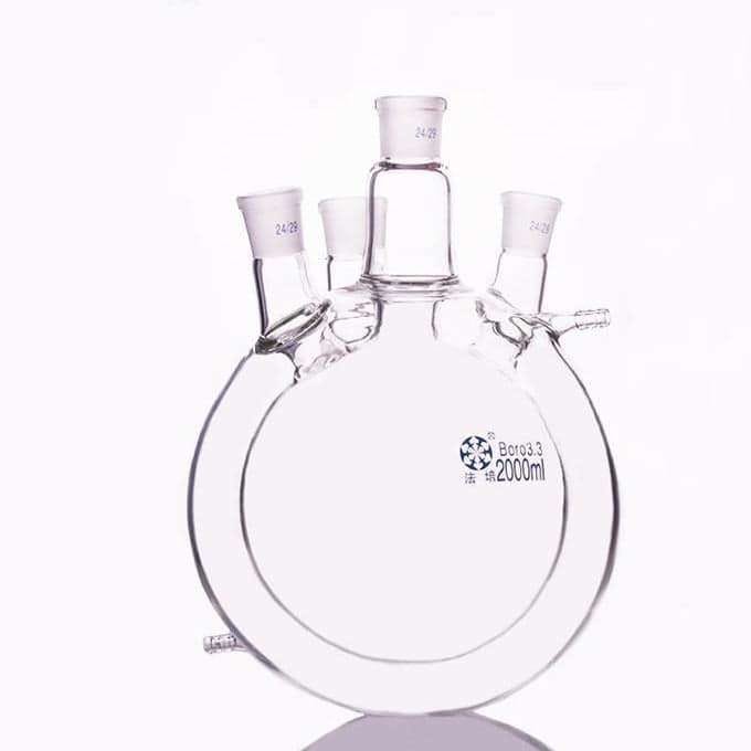 Double jacketed four-necked round-bottom flask, capacity 500 to 50.000 ml