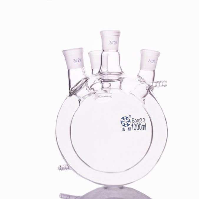Double jacketed four-necked round-bottom flask, capacity 500 to 50.000 ml