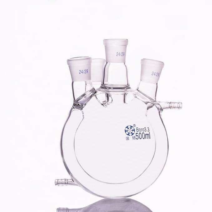 Double jacketed four-necked round-bottom flask, capacity 500 to 50.000 ml