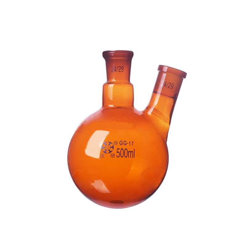 Double-necked round-bottom flask, bevelled side necks, brown glass, 100 ml to 1000 ml