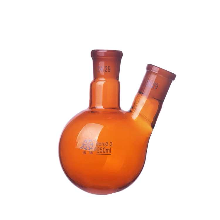 Double-necked round-bottom flask, bevelled side necks, brown glass, 100 ml to 1000 ml