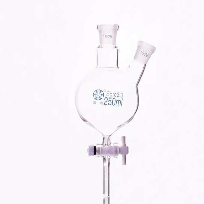 Double-necked round-bottom flask with bottom outlet and PTFE stopcock, capacity 250 to 5.000 ml