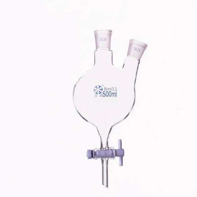 Double-necked round-bottom flask with bottom outlet and PTFE stopcock, capacity 250 to 5.000 ml