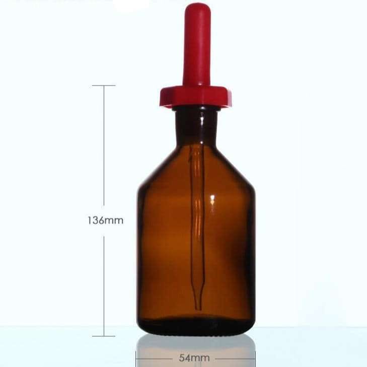 Dropper bottle with pipette and cover, brown glass, 30 ml to 125 ml