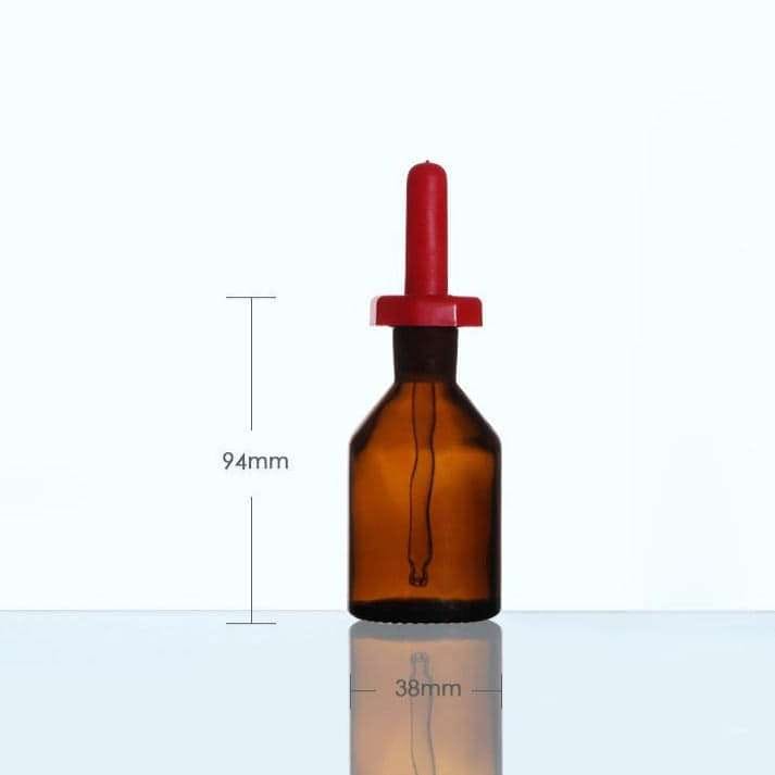 Dropper bottle with pipette and cover, brown glass, 30 ml to 125 ml
