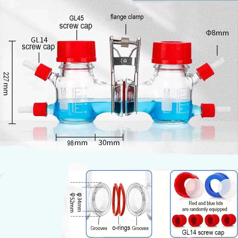 Dual Chamber H-Cell Membrane Reactor for Microbial Fuel Cell (MFC), 100 to 1,000 ml