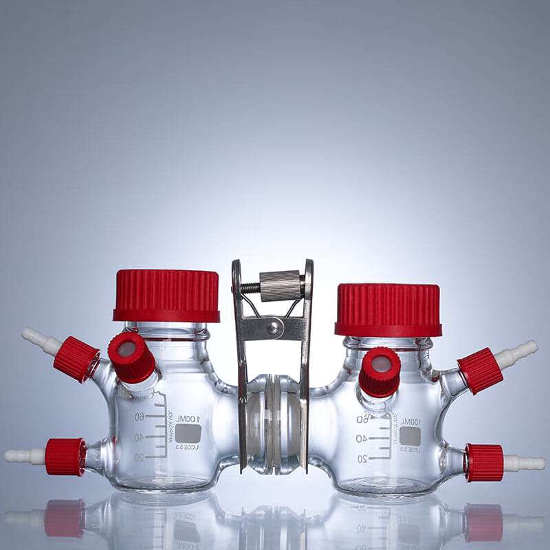 Dual chamber H-cell membrane reactor with 6 in/outlets for microbial fuel cell (MFC), capacity 100 to 1.000 ml