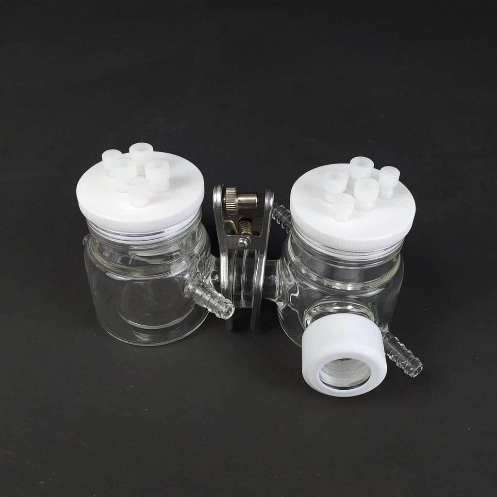 Dual Chamber H-Cell Membrane Sealed Photoelectrochemical Reactor with Water Jacket, 50 to 500 ml