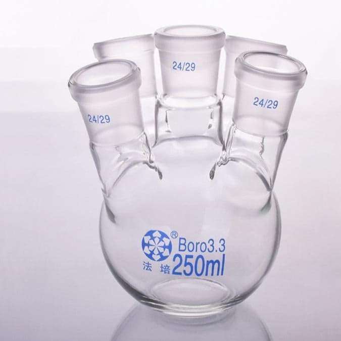 Five-necked flat-bottom flask, 10-50 Liters, Borosilicate Glass 3.3