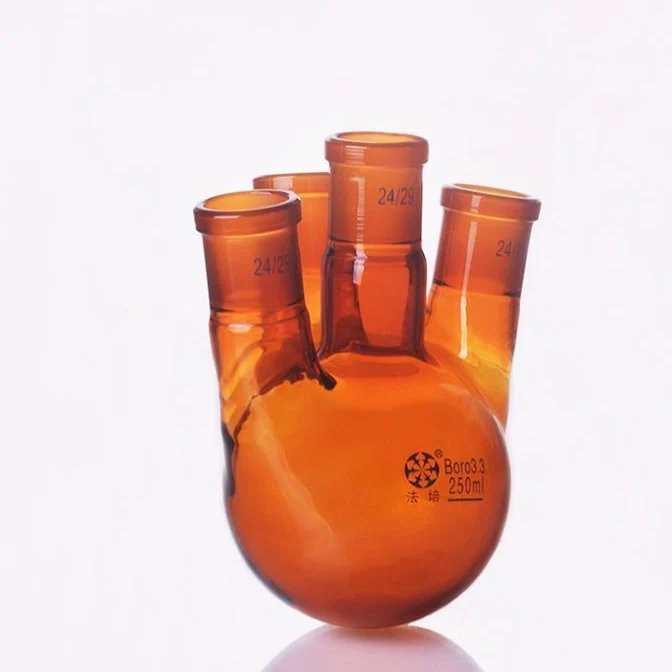 Four-necked round-bottom flask, bevelled side necks, brown glass, 100 ml to 500 ml